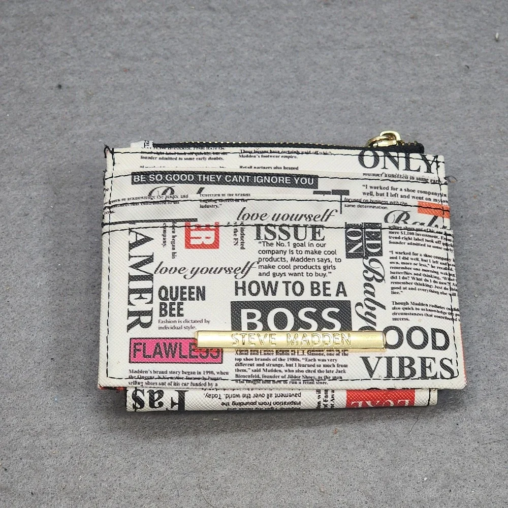 Steve Madden Bifold Wallet Newsprint Typography Print Gold Tone Women OS